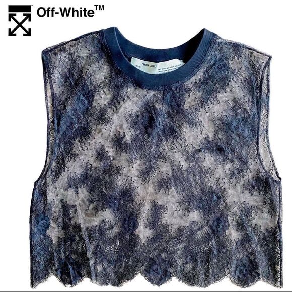 Sheer $710 Off-White Virgil Abloh “LOGO” Black Lace Crop Top Women’s Size Small - Picture 1 of 16